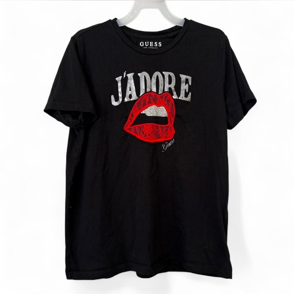 Sz M Y2K McBling Vintage J’Adore Guess Tee With Rhinestones Kiss Print